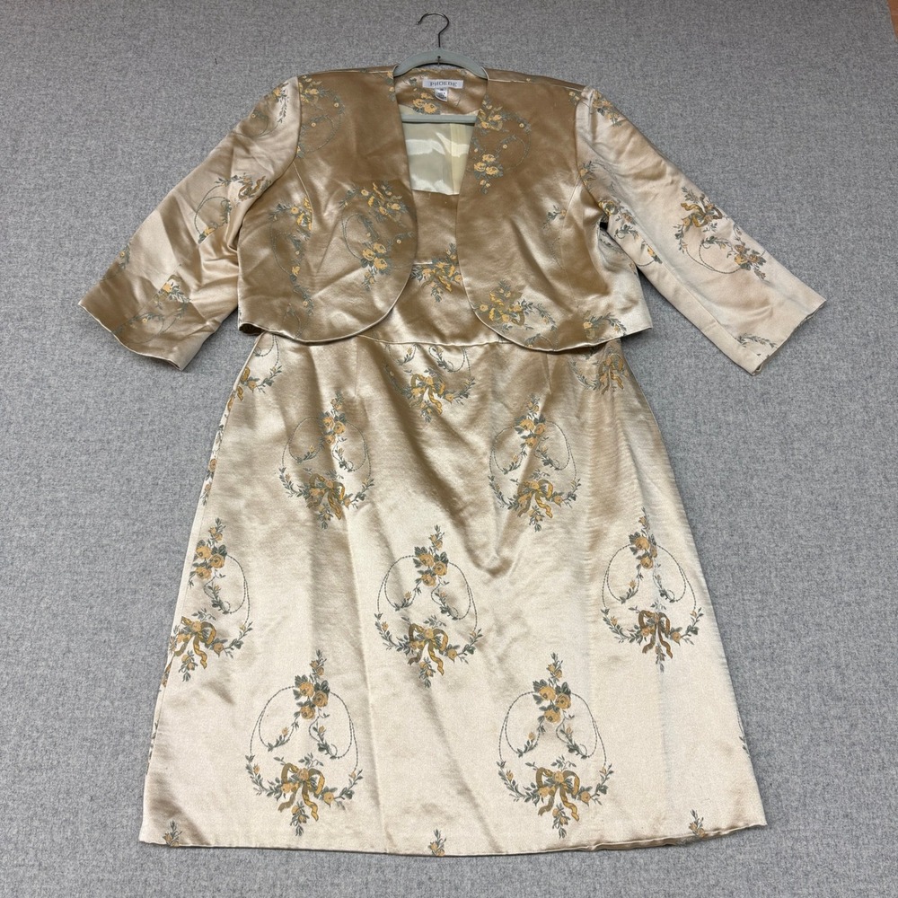 Phoebe Silk Blend Dress Jacket Set 20 Gold Floral Formal Bolero Sheath Evening